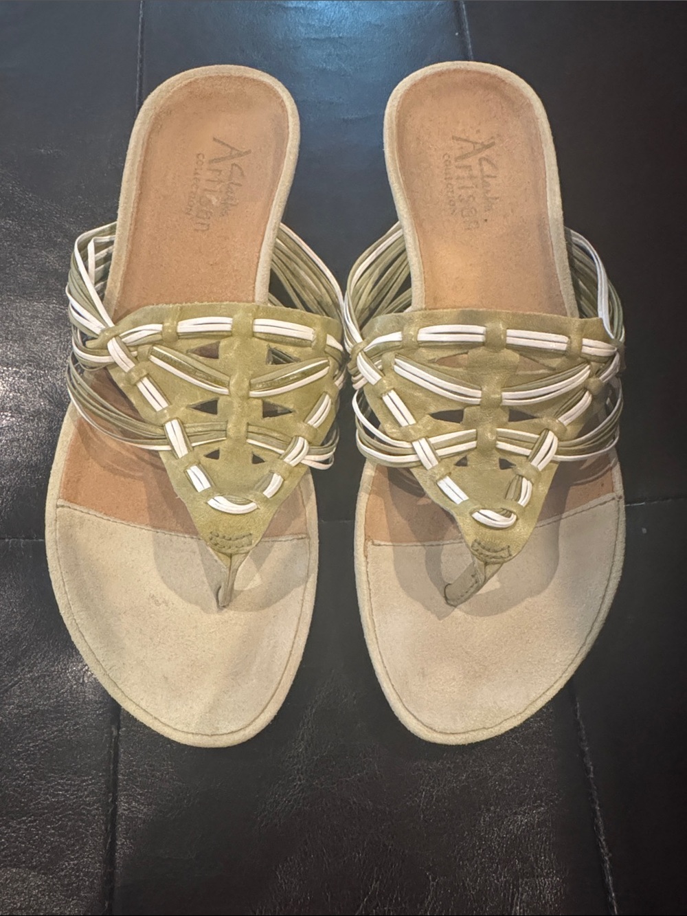 Clarks Olive Green Braided Leather Toe-Thong Sandals
